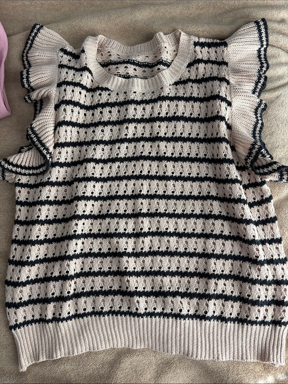 Cream and Black Striped Ruffle Sleeve Sweater